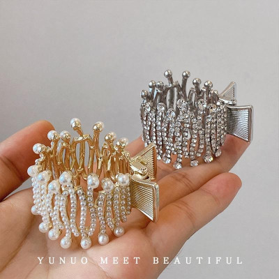 Kẹp tóc tròn đính đá và ngọc trai giả cho nữ, kẹp tóc đuôi ngựa tròn phong cách Hàn Quốc thời trang