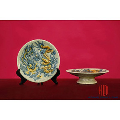 Mâm Bồng Men Rạn Đắp Nối Size 22cm (Kèm Chân Đế)