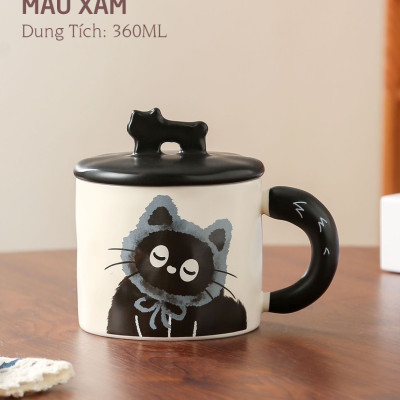 Ly Gốm sứ nắp sứ hình mèo đen siêu xinh