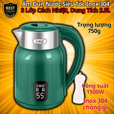 Ấm Đun Nước Siêu Tốc Inox 304 Cao Cấp – 3 Lớp Cách Nhiệt, 1500W, Dung Tích 2.5L - Hàng chính hãng D Danido