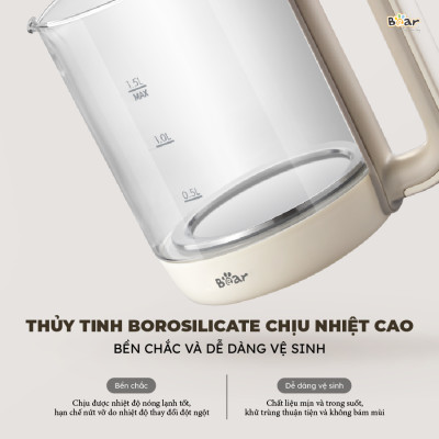 Bình Pha Trà BEAR 1,5L Ấm Thủy Tinh Đun Nước Giữ Nhiệt Hẹn Giờ Có Lưới Lọc Bảo Hành 18 Tháng - SB-PT15K 1000W