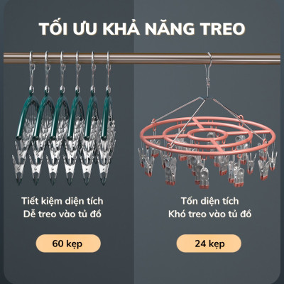 Móc Treo Quần Áo, Combo 3 Móc Phơi Đồ Chống Rơi, Mỗi Móc Có 10 Kẹp, Móc Treo Đồ Lót, Tất Vớ