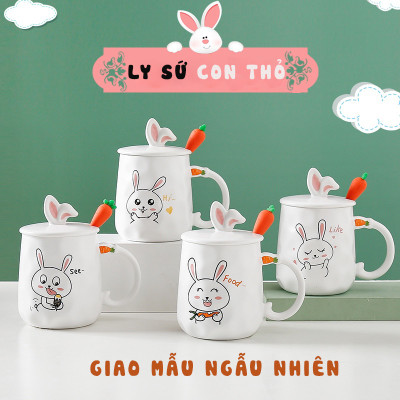 Ly cốc sứ thỏ có nắp sứ và muỗng Inox - món quà ý nghĩa