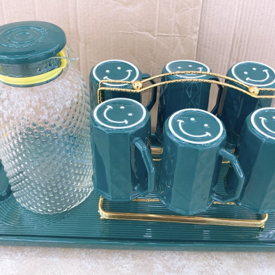 COMBO BÌNH THỦY TINH ĐỰNG NƯỚC UỐNG KÈM 6 CỐC, GIÁ TREO CỐC, KHAY SỨ MÀU XANH CỔ VỊT CHỊU NHIỆT CÁO CẤP - ANTH251