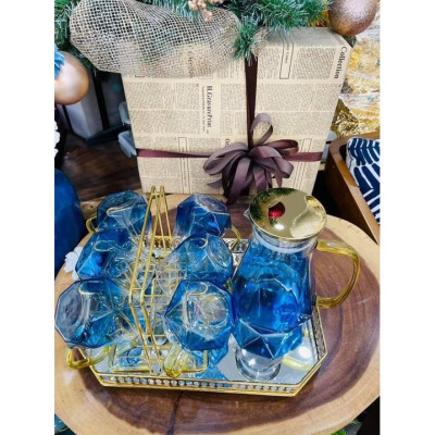 Sét bình đựng nước uống thủy tinh chịu nhiệt cao cấp màu xanh nước biển vân kim cương kèm khay và giá úp