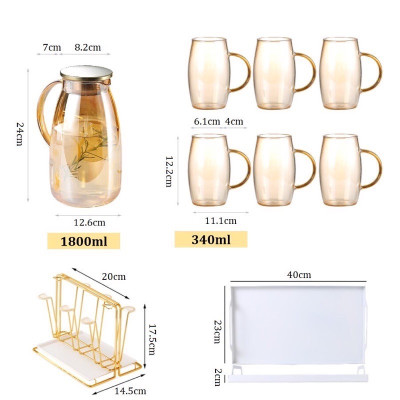 COMBO BỘ BÌNH ĐỰNG NƯỚC THỦY TINH CHỊU NHIỆT 6 CỐC MÀU VÀNG KÈM KHAY ĐỰNG GIÁ ÚP CỐC ( KHAY , GIÁ ÚP GIAO NGẪU NHIÊN ) - VD98 