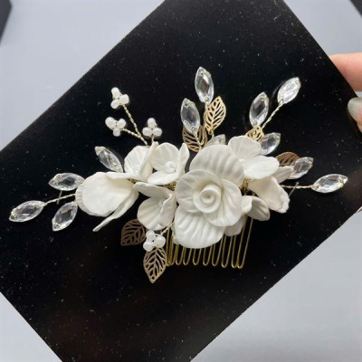 Cài tóc cô dâu hoa đất sét trắng có sẵn xược cài mã 005 - 14cm