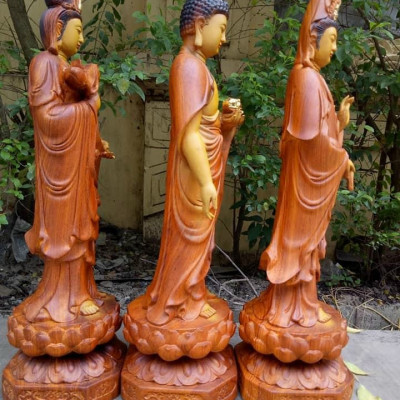 Bộ tượng phật tam thánh bằng gỗ hương đá tô làm mầu giả cổ kt cao 40×12×12cm