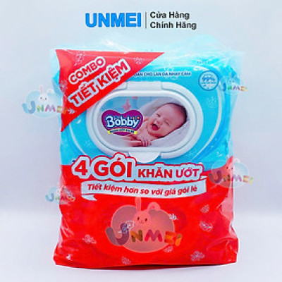 Combo Tiết Kiệm - 4 Gói Khăn Ướt Bobby Care Không Hương 100 Tờ/Gói