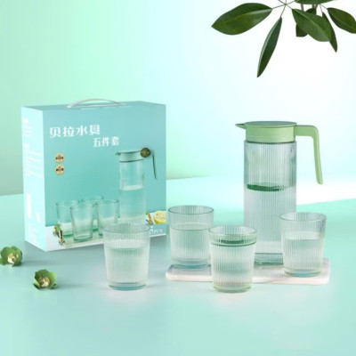 Bình Nước Thủy Tinh Cao Cấp Có Tay Cầm Kèm 4 Cốc, Bộ Ấm Nước 1000ml Vân Sọc Sang Trọng - HÀNG CHÍNH HÃNG MINIIN