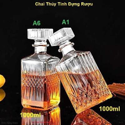 Chai Thủy Tinh Đựng Rượu 1 Lít (combo 2 cái) mẫu vuông mắt dứa và vuông lá cọ - Vỏ Chai Rượu Đẹp 1000ML – Bình Đựng Rượu cao cấp (A1,A6)