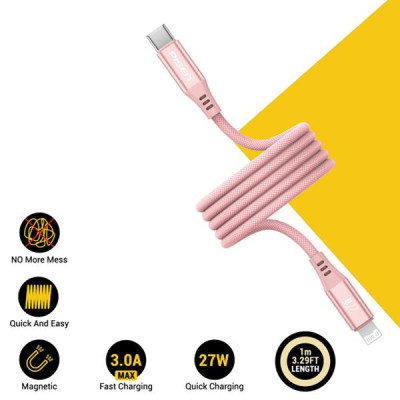 Cáp Sạc Nhanh Pisen Quick Magipi Magloop Lightning USB-C 27W 1m - Màu Hồng