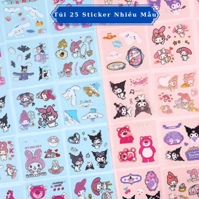 Túi 25 Tờ Sticker Sanrio, Gấu Dâu, Cinnamoroll, Thỏ Tai Hồng (Đã Cắt Sẵn) 