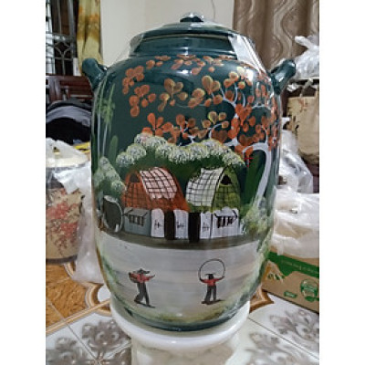 Hũ đựng rượu gạo men xanh vẽ phỏng Bát Tràng loại 30L