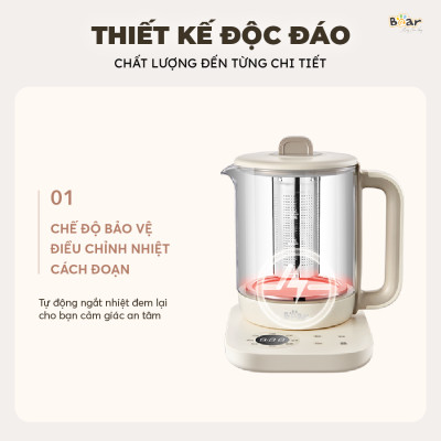 Bình Pha Trà BEAR 1,5L Ấm Thủy Tinh Đun Nước Giữ Nhiệt Hẹn Giờ Có Lưới Lọc Bảo Hành 18 Tháng - SB-PT15K 1000W