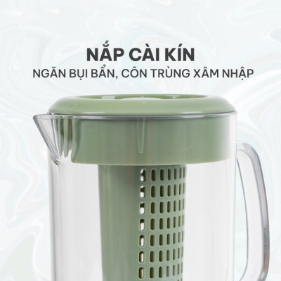 Ca kính uống nước có lọc 1500ml VIỆT NHẬT - Lõi lọc tháo rời, nắp kín - Trà, nước detox hoa quả bỏ tủ lạnh, Bình đựng nước, Bình pha trà có lõi lọc