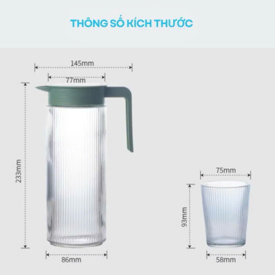 Bình Nước Thủy Tinh Cao Cấp Có Tay Cầm Kèm 4 Cốc, Bộ Ấm Nước 1000ml Vân Sọc Sang Trọng - HÀNG CHÍNH HÃNG MINIIN