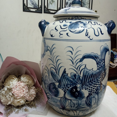 Hũ đựng rượu gạo vẽ cá chép gốm sứ Bát Tràng