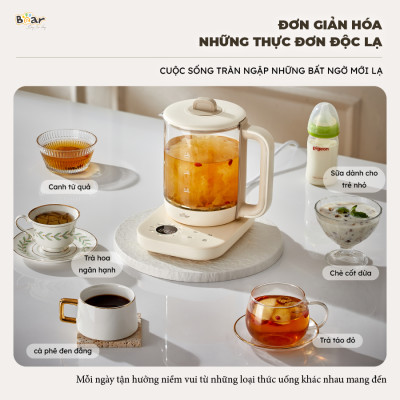 Bình Pha Trà BEAR 1,5L Ấm Thủy Tinh Đun Nước Giữ Nhiệt Hẹn Giờ Có Lưới Lọc Bảo Hành 18 Tháng - SB-PT15K 1000W