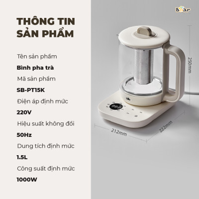 Bình Pha Trà BEAR 1,5L Ấm Thủy Tinh Đun Nước Giữ Nhiệt Hẹn Giờ Có Lưới Lọc Bảo Hành 18 Tháng - SB-PT15K 1000W