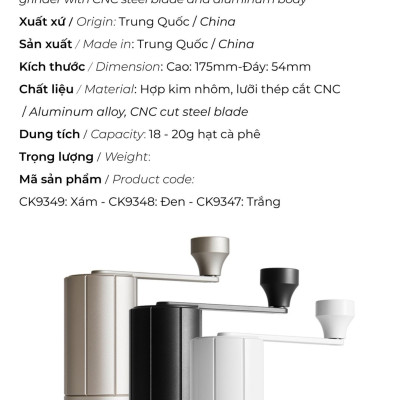 Cối xay tay M3 cà phê lưỡi thép CNC thân nhôm Cafede Kona