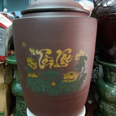 Hũ đựng gạo sành vẽ sen tài lộc gốm sứ  Bát Tràng