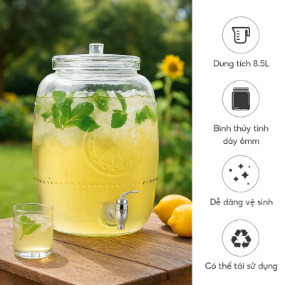 Bình ngâm thuỷ tinh có vòi rót Inox Aus Glas LBL1223 dung tích 8.5L chuẩn Đức