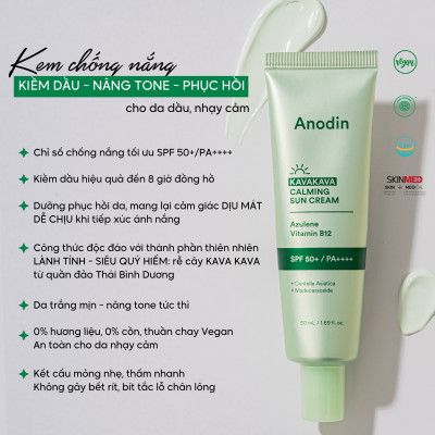 Kem chống nắng rau má kiềm dầu nâng tông cho da dầu, nhạy cảm Anodin Kava Kava Calming Suncream 50ml