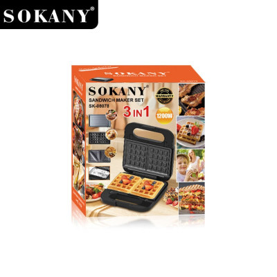 Máy kẹp nướng bánh mì đa năng 3IN1 SOKANY SK-08078 khay chống dính cao cấp dễ dàng vệ sinh, tiện dụng cho mọi gia đình - HÀNG CHÍNH HÃNG
