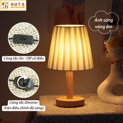 Đèn Ngủ Để Bàn HUTA G4 Gỗ Chao Xếp Ly Vintage Dễ Thương, Decor Trang Trí Phòng Ngủ, Đọc Sách Đầu Giường, Điều Chỉnh Độ sáng, Đèn Vàng Bóng LED Tiết Kiệm Điện