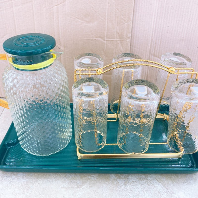 BỘ  BÌNH ĐỰNG NƯỚC KALANDI KÈM 6  LY THỦY TINH DÁNG CAO , GIÁ TREO CỐC VÀ KHAY SỨ XANH CỔ VỊT - ANTH253