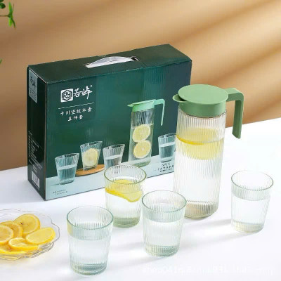 Bình Nước Thủy Tinh Cao Cấp Có Tay Cầm Kèm 4 Cốc, Bộ Ấm Nước 1000ml Vân Sọc Sang Trọng - HÀNG CHÍNH HÃNG MINIIN