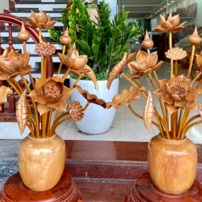 1 Bình hoa sen bằng gỗ ngọc am 15 cành trang trí phòng khách phòng thờ  