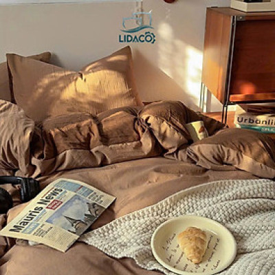 Bộ vỏ chăn ga gối cotton tici LIDACO notag - Full nâu