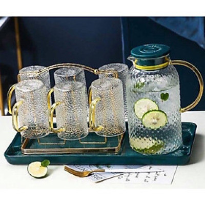 Bộ bình đựng nước 6 cốc ống thủy tinh kèm khay sứ, giá úp cốc kim loại mạ vàng sang trọng