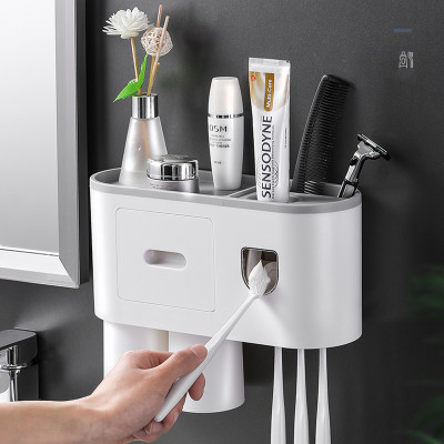 Bộ dụng cụ nhả kem đánh răng tự động 02 cốc và giá treo bàn chải đa năng HT SYS-ENON- chất liệu ABS cao cấp