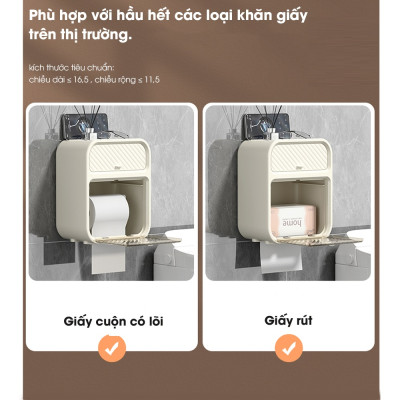Hộp Đựng Giấy Vệ Sinh 2 tầng có kệ để diện thoại dán tường chất liệu ABS + PP cao cấp chống nước có ngăn kéo để đồ và kệ để điện thoại, Kệ treo tường đa năng Kitchen