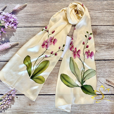 Khăn Lụa Cao Cấp Vẽ Tay Hoa Lan SenSilk Limited – Quà Tặng Doanh Nhân 200x55cm, Vietnam Hand Painted Silk