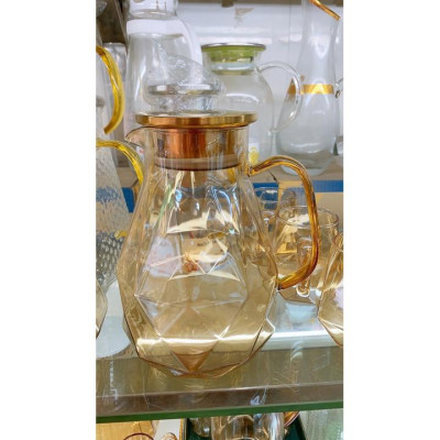 Bình đựng nước uống thủy tinh vàng vân kim cương hạt to