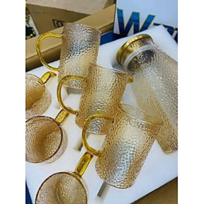 Bộ bình thủy tinh vân nhám đáy vuông kèm cốc màu