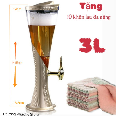 ( HÀNG CAO cẤP )Tháp Bia 3 Lít Vân Đế Lúa Mạch có Đèn Lét, Lõi Đựng Đá Làm Mát Bình Đựng Nước Mát Có Vòi ( Vàng Nhám ) Tặng 10 khăn Iau