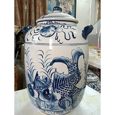 Hũ đựng rượu gạo gốm sú Bát Tràng vẽ cá chép loại 30L
