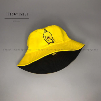  Mũ nón 2 mặt CHÚ VỊT NGỐ- nón bucket tai bèo vành - ĐEN-ĐỎ