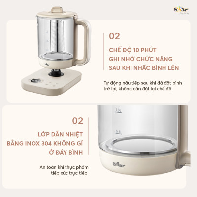 Bình Pha Trà BEAR 1,5L Ấm Thủy Tinh Đun Nước Giữ Nhiệt Hẹn Giờ Có Lưới Lọc Bảo Hành 18 Tháng - SB-PT15K 1000W