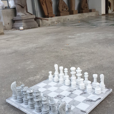 Bộ bàn cờ vua đá cẩm thạch trắng xám - Dài 30 cm
