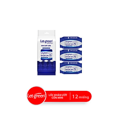 Combo Lốc Khăn Ướt Cồn Mini LET-GREEN 12 miếng/gói, 3 gói/lốc