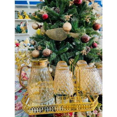 Bộ bình thủy tinh đựng nước uống mắt na  6 cốc kèm khay màu vàng sang trọng