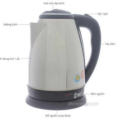 Bình đun siêu tốc Comet CM8217 – Hàng chính hãng -  Dung tích 1.8L, công suất 1500W, Inox 304 chống bỏng – Tự ngắt an toàn, thiết kế sang trọng 