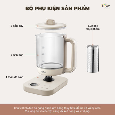 Bình Pha Trà BEAR 1,5L Ấm Thủy Tinh Đun Nước Giữ Nhiệt Hẹn Giờ Có Lưới Lọc Bảo Hành 18 Tháng - SB-PT15K 1000W