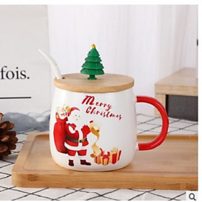 Ly sứ noel 480ml có muỗng sứ và nắp gỗ dễ thương